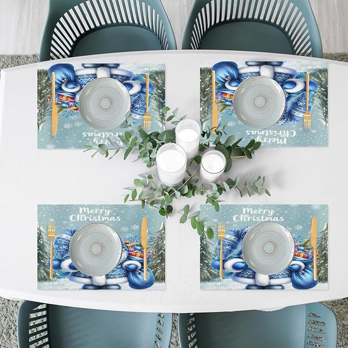 Xmas Christmas Gnomes Bule Snowflake Placemats Set of 1 PVC Vinyl Non Slip Table Mats Heat Resistant Place Mats Washable Wipeable Dining Table Mat for Kitchen Party Indoor Outdoor Decorative Gift