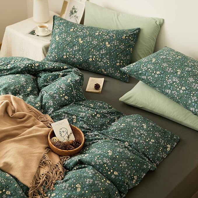 LifeTB Green Floral 100% Jersey Knit Cotton Duvet Cover Queen Vintage Style Botanical Floral Bedding Set Chic Shabby Green Floral Comforter Cover Girl Women Flower Bedding Cover with 2 Pillowcases