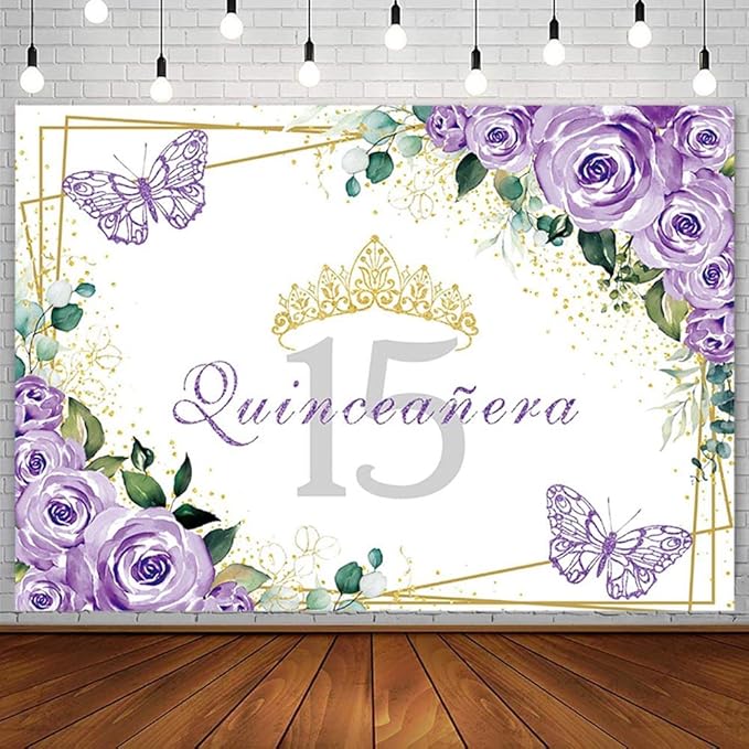 SENDY 7x5ft Quinceañera Backdrop Mis Quince 15 Anos Birthday Party Decoration Supplies for Girl Princess Purple Floral Butterfly Gold Crown Photography Background Banner Photo Booth Studio Props Vinyl