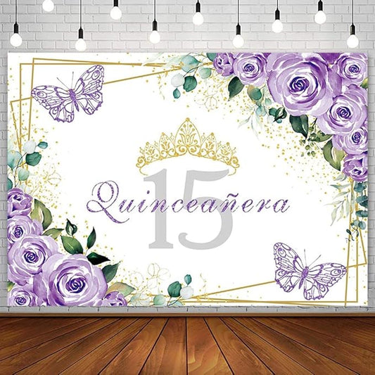 SENDY 8x6ft Quinceañera Backdrop Mis Quince 15 Anos Birthday Party Decoration Supplies for Girl Princess Purple Floral Butterfly Gold Crown Photography Background Banner Photo Booth Studio Props Vinyl