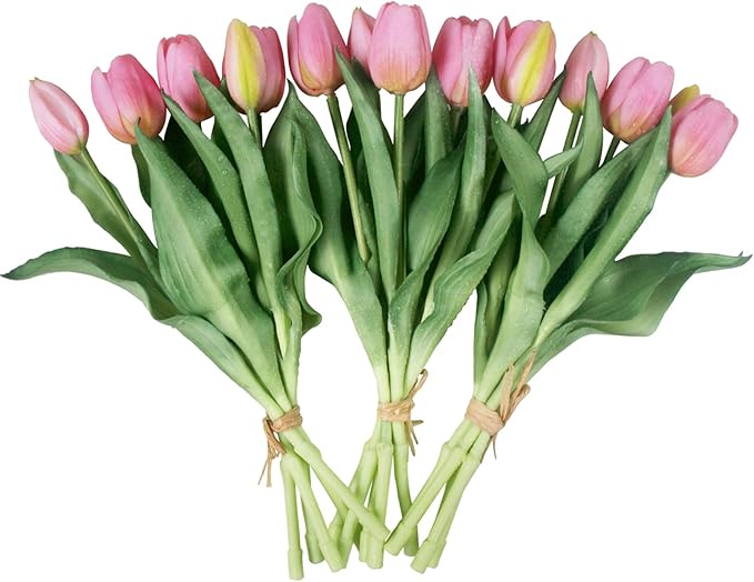 15pcs Artificial Tulips Flowers, Fake Tulips Real Touch, Faux Latex Bouquets, for Party Wedding Home Room Decoration (Pink)