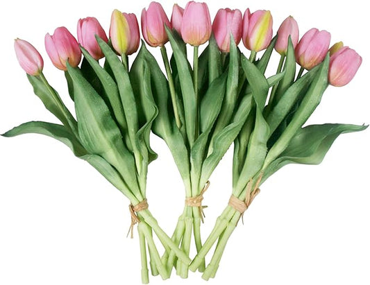 15pcs Artificial Tulips Flowers, Fake Tulips Real Touch, Faux Latex Bouquets, for Party Wedding Home Room Decoration (Pink)