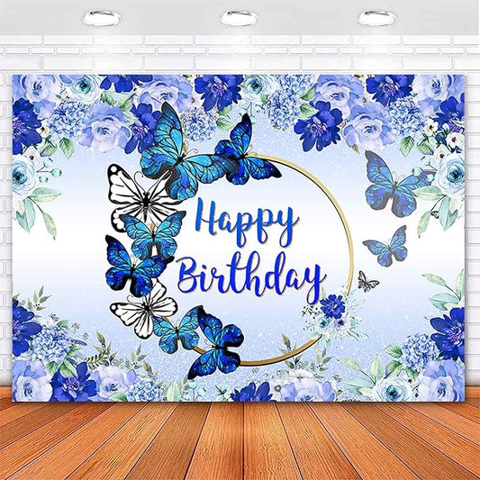 Butterfly Happy Birthday Backdrop Royal Blue Floral Bday Decorations Photography Background Women Blue Flowers Birthday Wishes Party Banner Supplies Photo Booth 10x7ft