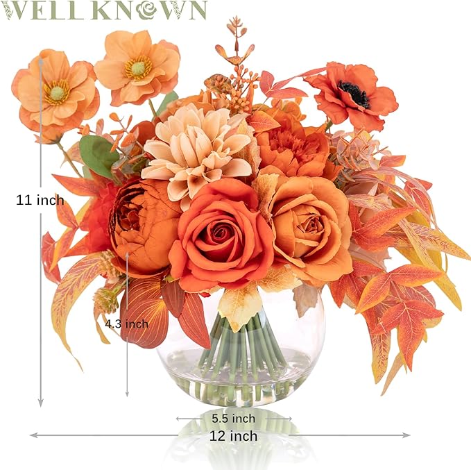 Artificial Flowers in Vase, Silk Rose Peony Dahlia Flower Bouquet Table Centerpieces with Faux Water for Winter Home Decor Fake Flowers Arrangement for Wedding Birthday Party Decor (Orange & Earth)