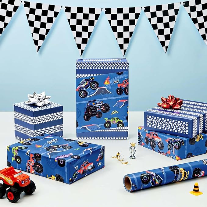 WERNNSAI Monster Truck Wrapping Paper - 1 Roll 17”x 16.4 ft Reversible Monster Jam Truck Wrapping Paper for Kids Boys Birthday Blue Truck Gift Packing for Racing Theme Birthday Carnival Celebration Party Supplies