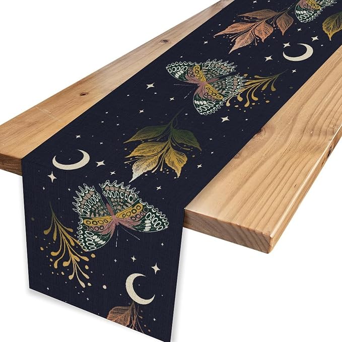 Gothic Moth Table Runner, Boho Gothic Floral Butterfly Sun Moon Mystical Witchy Starlight Coffee Table Center Decor for Home Kitchen Dining Patio Holiday Party Table Decorations 13x108 inches