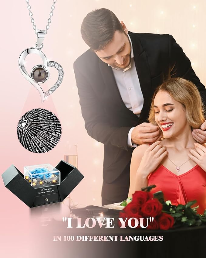 Birthday Gifts for Women, Preserved Real Roses with Heart Necklace I Love You in 100 Languages, Anniversary Wedding Gifts for Women Her Girlfriend Wife, Forever Roses Necklace Gift Box SkyBlue