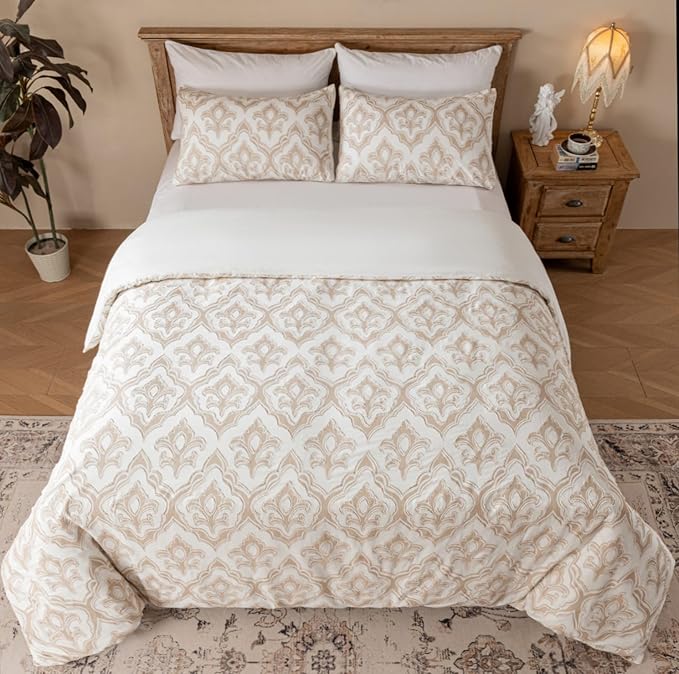 Cotton Floral Clipped Jacquard Duvet Cover Queen Size Bedding Set, Soft Textured Comfy Breathable Jacquard Comforter Duvet Cover with 2 Pillow Shams, Button Closure&Corner Ties, Khaki Color
