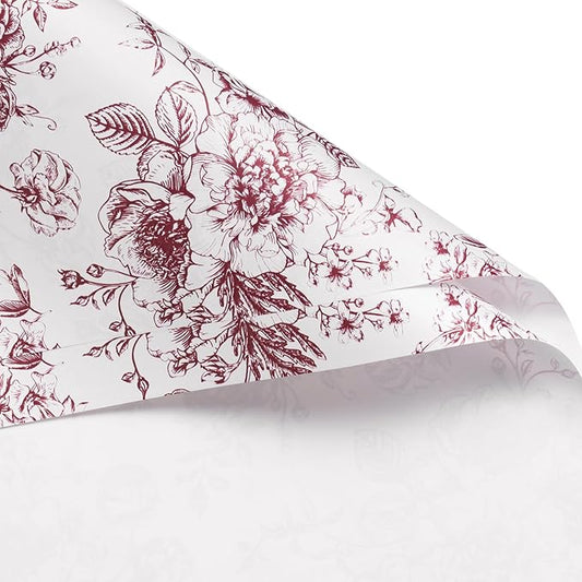 WRAPAHOLIC 20 Sheets Flower Wrapping Paper - 22.4 x 22.4 inch Red Vintage Floral Printed Water-Resistant Floral Bouquet Wrapping Paper, Florist Supplies Packaging for Wedding Birthday Gift DIY