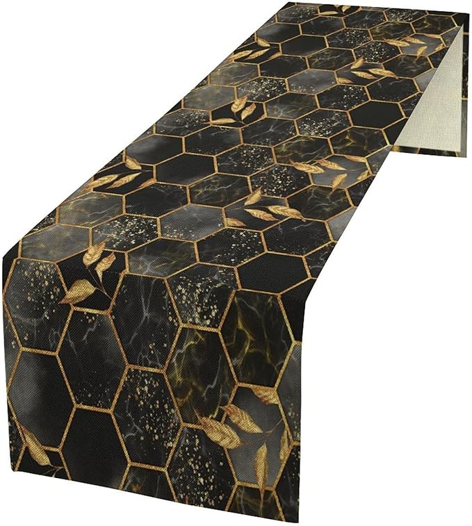 Black Grey Marble Table Runner Marble Hexagon Texture Golden Leaves Abstract Seasonal Dinner Runner Table Decoration for Farmhouse Home Kitchen Dining Holiday Party 13x70in