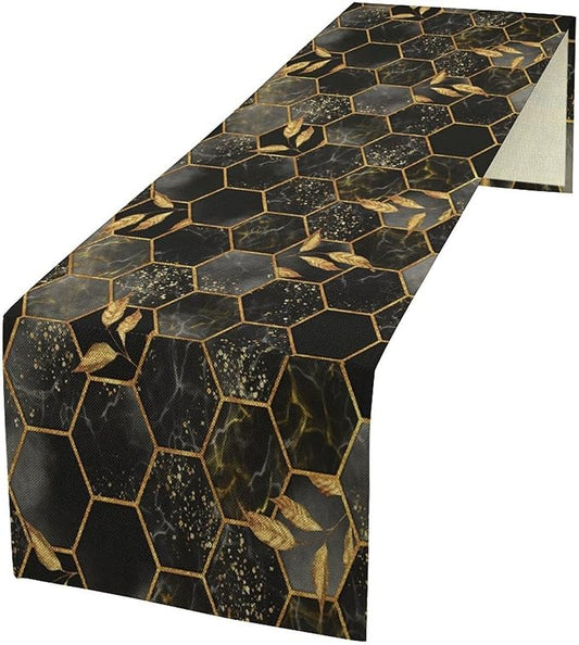 Black Grey Marble Table Runner Marble Hexagon Texture Golden Leaves Abstract Seasonal Dinner Runner Table Decoration for Farmhouse Home Kitchen Dining Holiday Party 13x60in