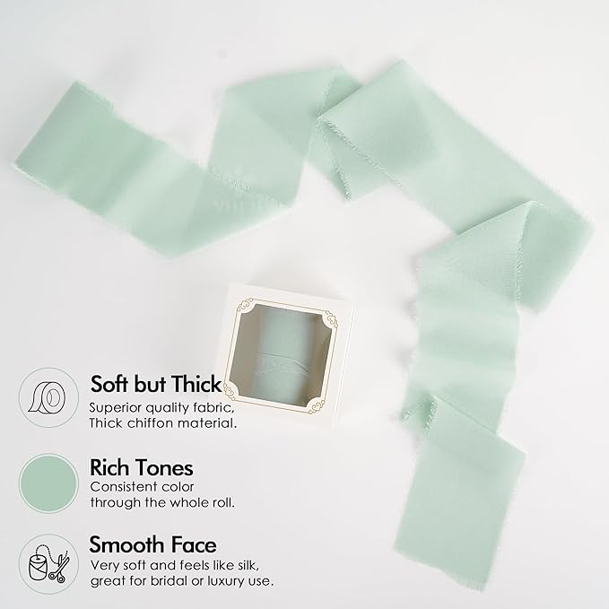 MEEDEE Mint Green Chiffon Ribbon 3 Inch Green Frayed Chiffon Silk Fringe Ribbon Wide Chiffon for Crafts, Flower Bouquet, Wedding Favors Wrapping (2 Rolls 10 Yards)