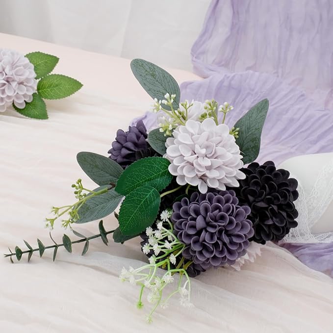 Artificial Flowers, 50pcs Realistic Artificial Rose for DIY Wedding Bouquets Centerpieces Arrangements, Gradient Violet Shades Dahlia Flowers with Stem for Bridal Shower Party