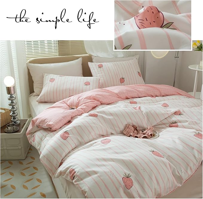 LifeTB Pink Strawberry Duvet Cover Kids Girl Kawaii Print Bedding Set Queen 1 Duvet Cover with 2 Pillowcases Cotton Strawberry Comforter Cover Lovely Soft Full Bedding Set with Zipper and Corner Ties