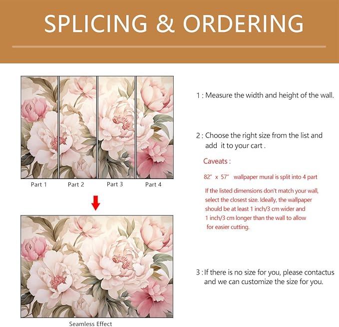 Pink Floral Wallpaper Peel and Stick Large Peony Flower Self Adhesive Wall Mural for Living Room Bedroom 82"x57"