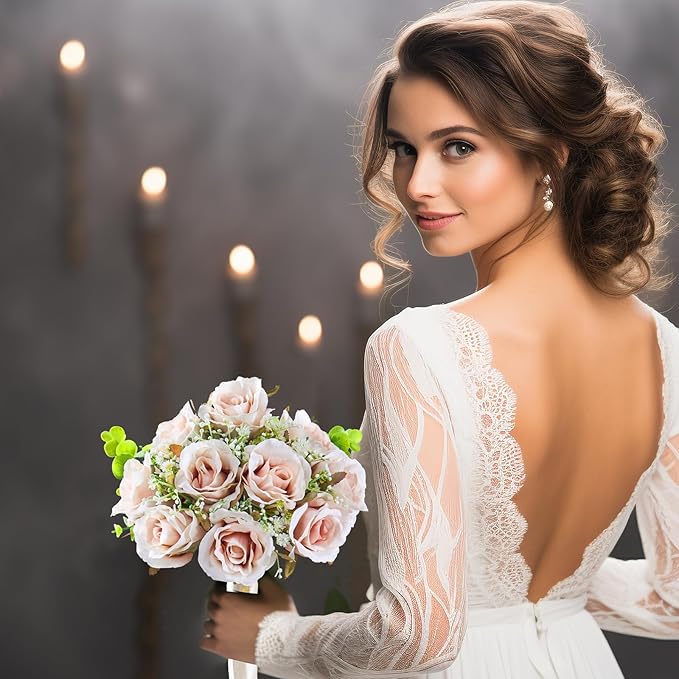 Pink Champagne Roses 10 in, Fake Flowers Wedding Bouquets for Bride, Wedding Silk Artificial Flowers 10pcs for Wedding Party, Ceremony, Anniversary & Home Decor (Come with 3 Styles of 4.5 ft Ribbons)