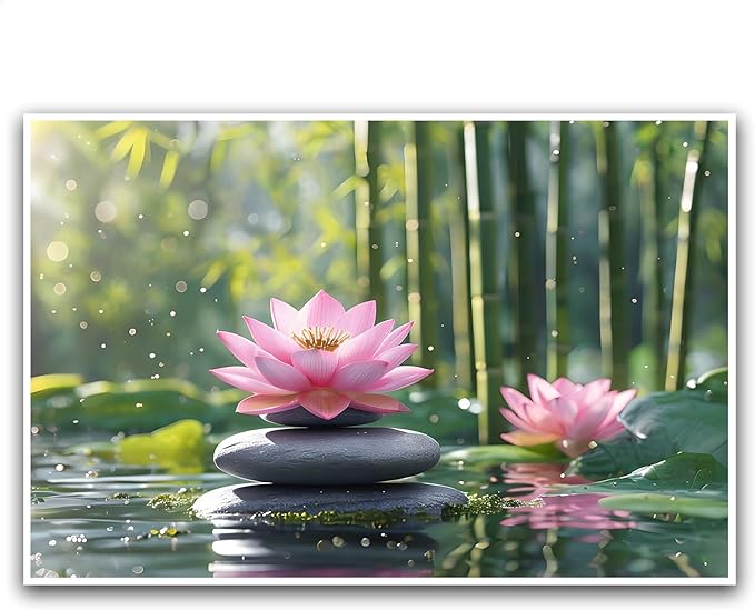 Ethereal pink lotus on obsidian Sunlit bamboo forest with sparkling water drops Poetic nature inspired wall art for tranquil homes and mindful spaces 32x48in Frameless