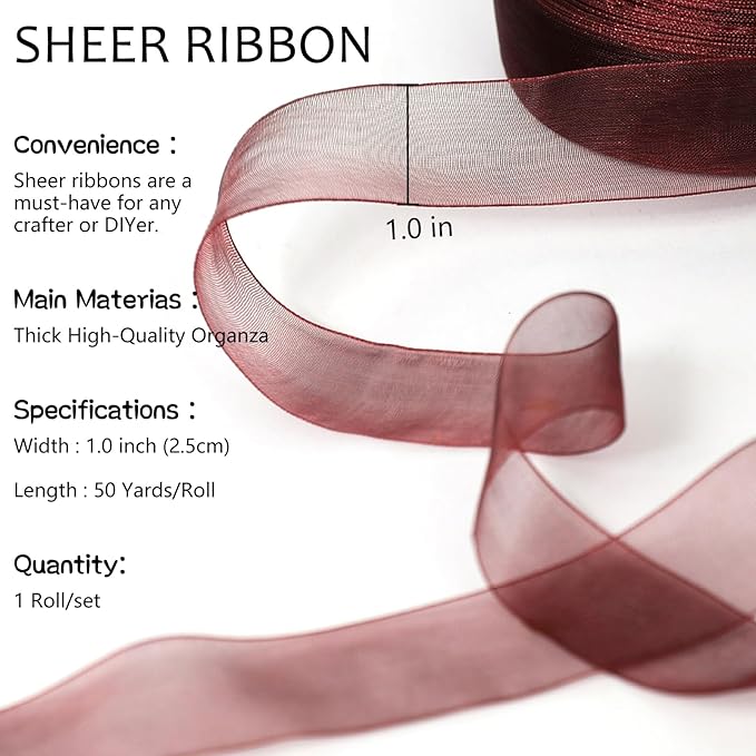 Brown Ribbon for Gift Wrapping, 1 inch 50Yard Sheer Organza Tulle Ribbon, Chocolate Gifts Wrap Chiffon Ribbons for Flower Bouquet, Christmas, Crafts, Wedding, Valentines Day, Mothers Day