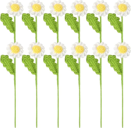 12Pcs Crochet Flowers, Artificial Daisy Crochet Flower Bouquet, Realistic Flower for Mother's Day Valentines Day Birthday Wedding Home Decor, White