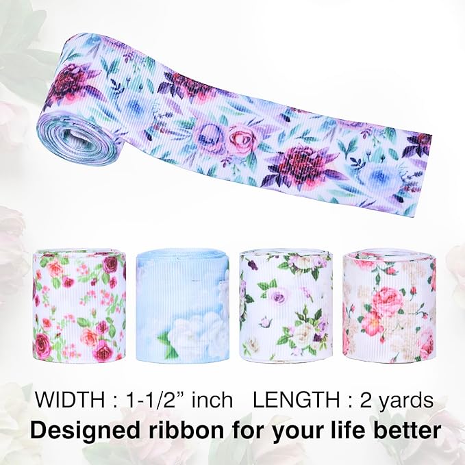 Floral Grosgrain Ribbon, 5 Rolls Flower Pattern Ribbon Spring Summer Fabric Decorative Craft Ribbon Roll for Gift Wrapping Decor Hair Bow Sewing Wreath Crafts (Mixed Color, 1-1/2Inch X 10Yards)