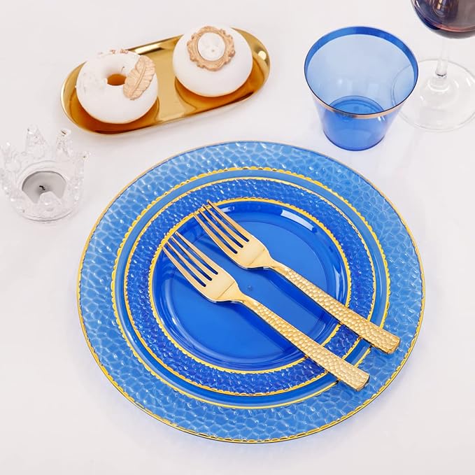 Nervure 150PCS Clear Blue Plastic Plates - Gold Party Plates - Blue and Gold Dinnerware Set Include: 50 Disposable Plate, 25Cups, 25Forks, 25Knives, 25Spoons for Wedding & Party & Father's Day