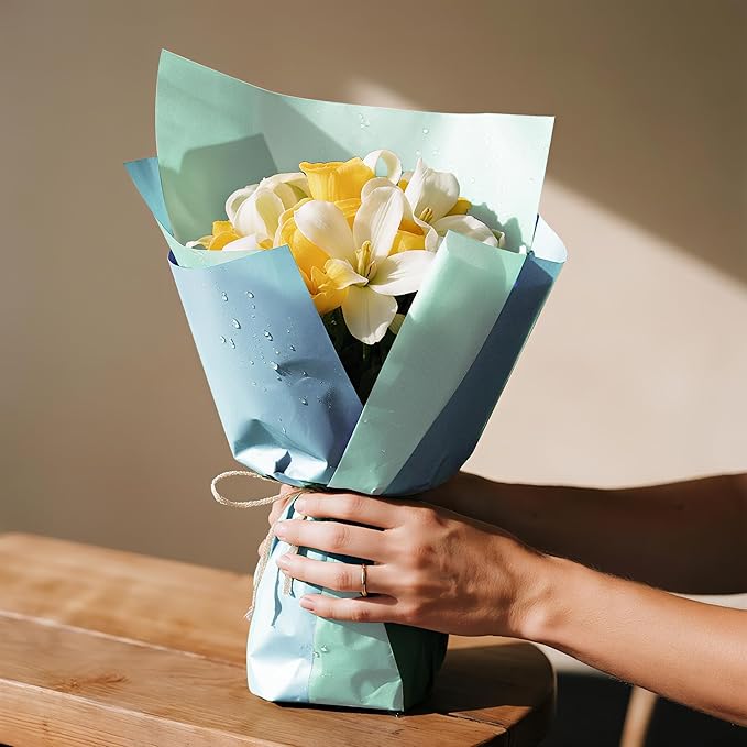 WRAPAHOLIC 20 Sheets Flower Wrapping Paper - 22.4 x 22.4 inch Misty Blue Color Water-Resistant Floral Bouquet Wrapping Paper, Florist Supplies Packaging for Wedding Birthday Gift DIY