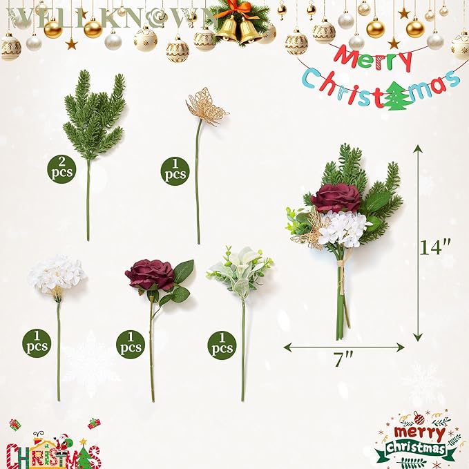 11 Pcs Artificial Christmas Flowers Bouquet Pine Branches 14" Red Poinsettias FLowers Faux Greenery Spary Stems Red Berry Pine Cones Fake Cedar Picks for DIY Crafts Tabletop Winter Home Party Decor