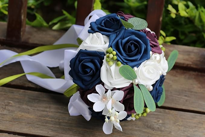 Lightweight Bridal Wedding Bouquet Round Holding Bouquet Throw Toss Artificial Rose Flower Bunch for Bride Bridesmaid Wedding Quinceanera (White, Navy & Dark Puce, 7.9")
