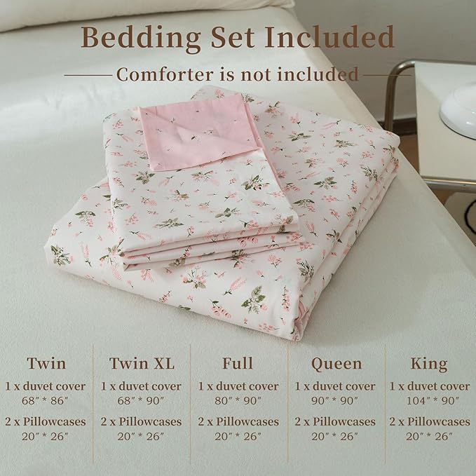 EAVD Girls Floral Duvet Cover Twin Pink White Soft Cotton Garden Aesthetic Floral Bedding Set with 2 Pillowcases Chic Shabby Vintage Botanical Comforter Cover with Zipper Closure