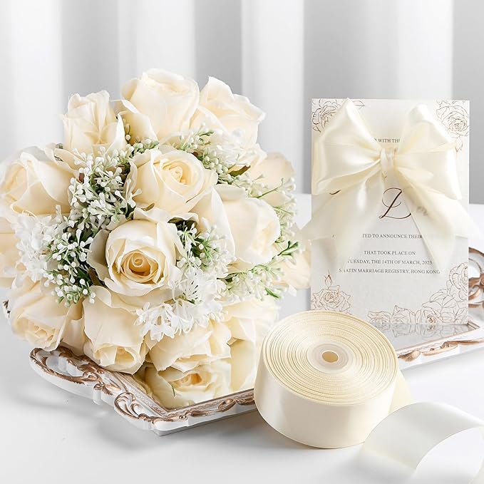 1-1/2 Inches 50 Yards Ivory Satin Ribbon, Solid Fabric Ribbon Roll for Flower Bouquets, Gift Wrapping, Wedding, Handmade Crafts