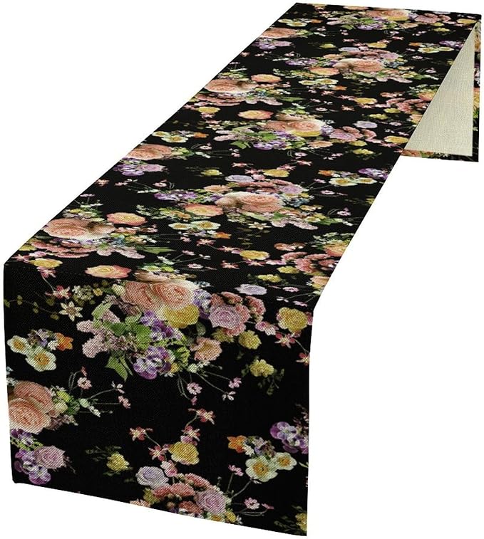 Vintage Floral Table Runner,Gothic Retro Flowers Spring Summer Seasonal Table Runner for Home Kitchen Table Dining Indoor Outdoor Party Decor 13x60 Inch