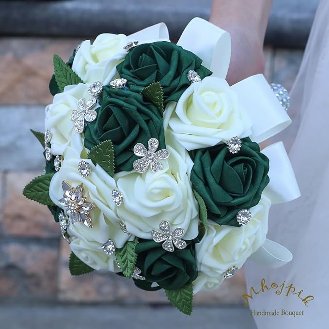 Lightweight Bridal Wedding Bouquet Round Holding Bouquet Throw Toss Artificial Rose Flower Bunch for Bride Bridesmaid Wedding Quinceanera (Cream & Dark Green, 9.1")