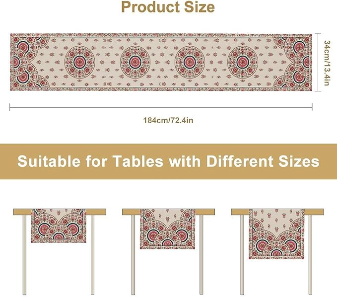 Bohemian Floral Table Runner, Vintage Ethnic Mandala Pink Flowers Boho Design Table Runner for Kitchen Dining Party Wedding, 13x36 Inch