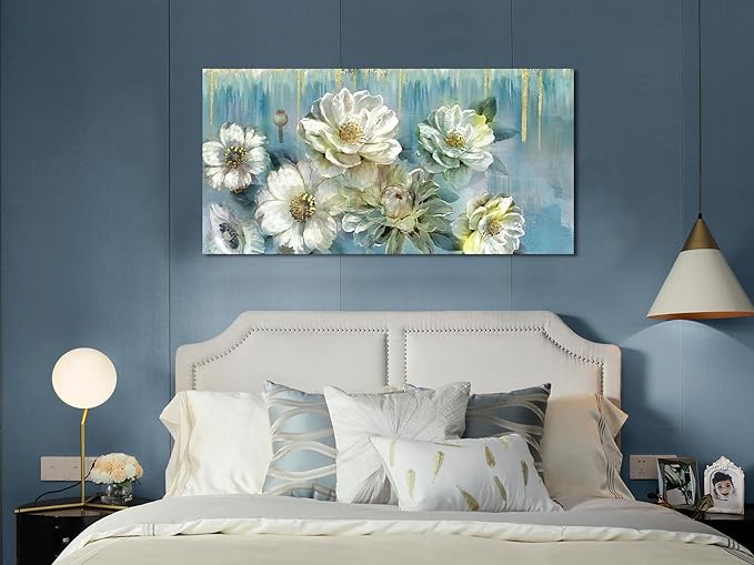 Ardemy Floral Canvas Wall Art for Living Room Large Magnolia White Flowers Teal Picture Bedroom Wall Decor Textured Painting Modern Turquoise Artwork Dining Room Home Office, 40"x20"