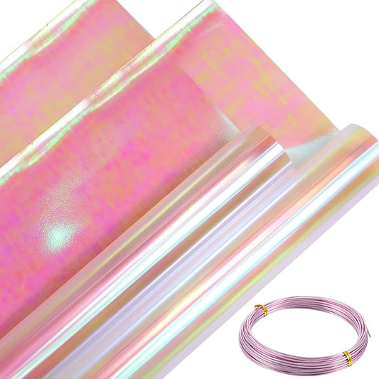 Marspark 39 x 138 Inch Iridescent Cellophane Wrap for Gift Baskets and 32.8 Feet Bendable Pink Aluminum Wire, Pink Iridescent Film Paper Holographic 11.5 Feet Wrapping Paper for DIY Crafts Treats