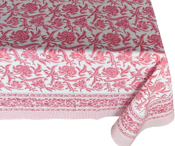 ATOSII Red Bloom 100% Cotton Tablecloth, Handblock Print Rectangle Table Cover for Kitchen Dining I Tabletop Linen I Parties, Wedding, Spring Summer Table Cloth 60 X 108 Inches