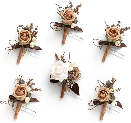 Ling's moment Boutonniere for Men, 6pcs Groom Groomsmen Boutonniere, Artificial Flowers for Wedding Decor/Prom/Homecoming, etc.Sand Beige White