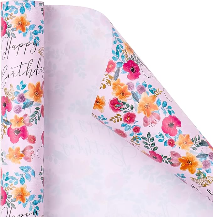 LeZakaa Happy Birthday Wrapping Paper Roll for Girls Women, Pink Floral & Butterfly, Birthday Party Gift Wrap for Girl, Women, Female, Mini Roll, 17 In x 32.8 Ft