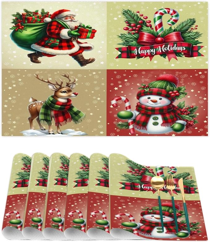 Christmas Waffle Santa Claus Cute Placemats Set of 1 PVC Vinyl Non Slip Table Mats Heat Resistant Place Mats Washable Wipeable Dining Table Mat for Kitchen Decor Party Indoor Outdoor Decorative Gift