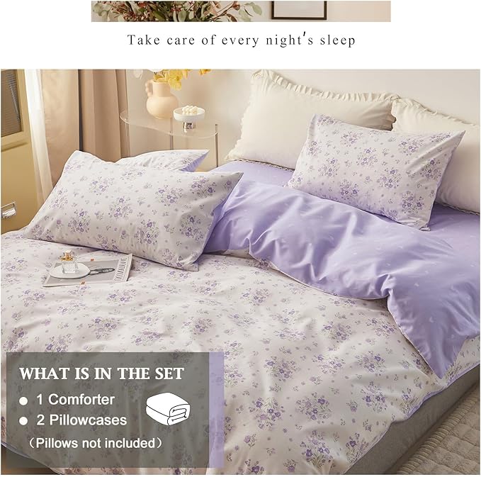 VM VOUGEMARKET Garden Flower Comforter Set Queen,White Purple Bedding Set Soft Fluffy Floral Comforter Set for All Season (1 Comforter, 2 Pillowcases)