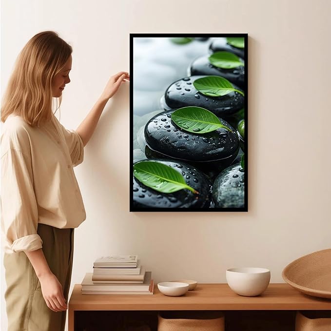 Glittering black stone cluster with fresh green leaves and water drops poster tranquil mist rain wall art zen wall art suitable for modern minimalist home decor 24x36in Metal blackFramed