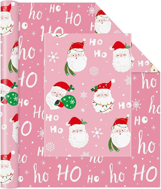 WERNNSAI Santa Christmas Wrapping Paper - 1 Roll 17”x 33 Ft Pink Santa Claus Wrapping Paper Reversible Christmas Gift Wrap for Kids Girls Xmas Winter Holiday Present Decoration with HOHO Design