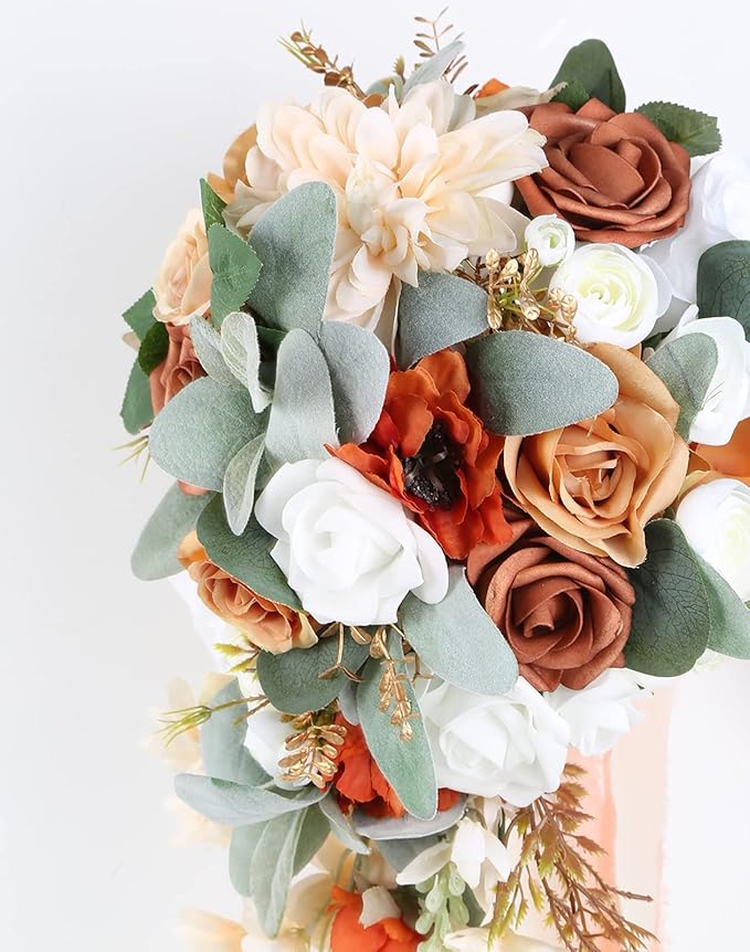 Wedding Bouquet, 11 Inch Terracotta Wedding Decor Artificial Flowers Bridal Bouquet Cascading Wedding Bouquets for Bride for Wedding Ceremony and Anniversary(Chic Terracotta)