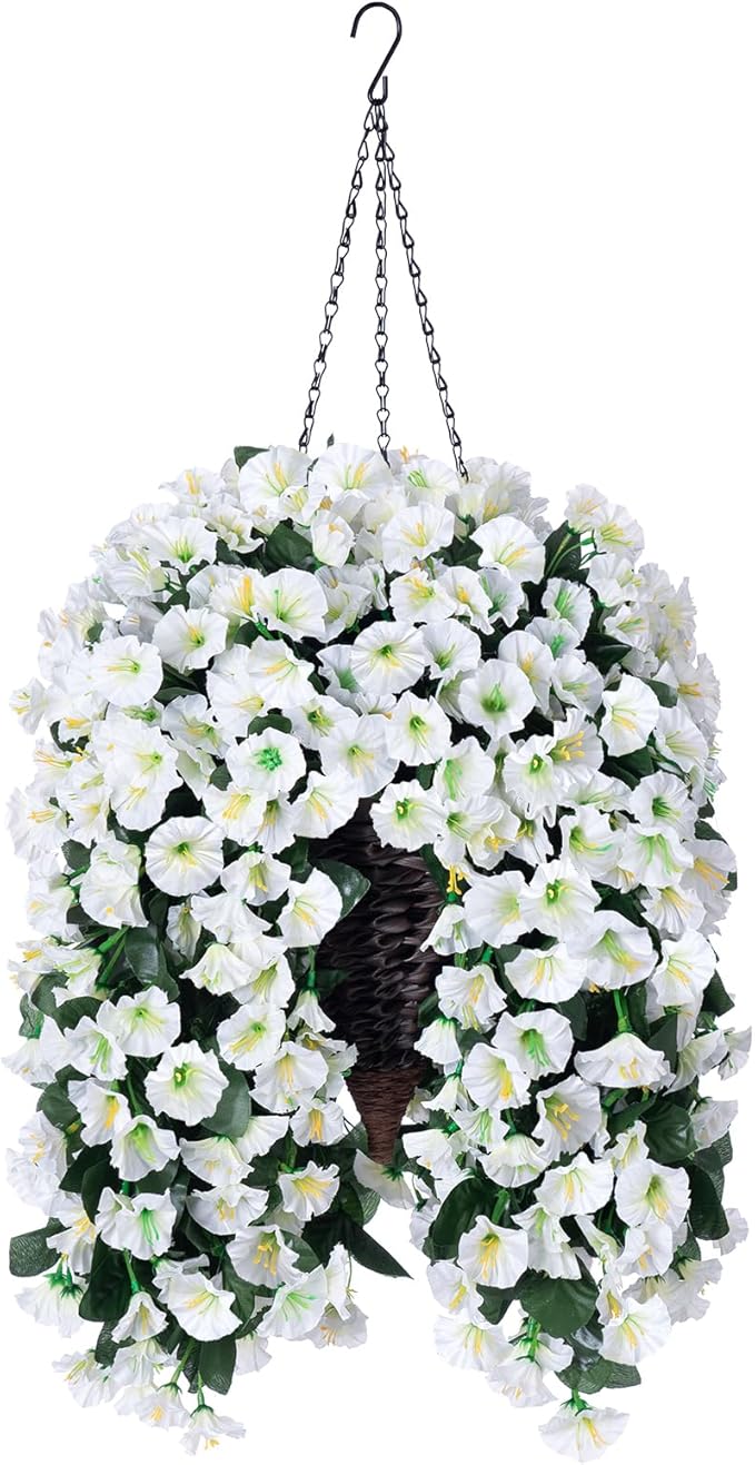 HyeFlora Artificial Faux Hanging White Flowers Plants Basket for Outdoor Outside Christmas Winter Decor, Fake UV Resistant Realistic Morning Glory Flowers for Porch Home Balcony Yard Patio Decoration