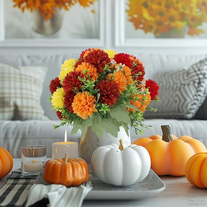 12 Pack with 84 Flower Heads Artificial Chrysanthemum Flowers, Fall Floral Decor for Indoor Outdoor, Porch, Patio, Front Yard, Planters