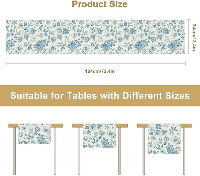 Blue Floral Table Runner, Spring Summer Sketch Wildflower Vintage Country Farmhouse Coffee Table Center Decor for Home Kitchen Dining Patio Holiday Party Table Decorations 13x72 inches