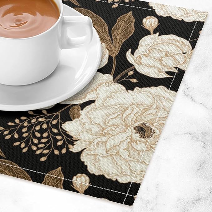 Black Gold Floral Placemats Set of 6, 17x12 Inch Abstract Vintage Rustic Flower Botanical Aesthetic Art Print Table Mats for Home Party Kitchen Dining Decor