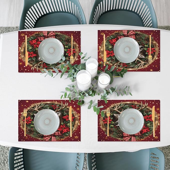 Xmas Christmas Reindeer Poinsettia Red Placemats Set of 6 PVC Vinyl Non Slip Table Mats Heat Resistant Place Mats Washable Wipeable Dining Table Mat for Kitchen Party Indoor Outdoor Decorative Gift