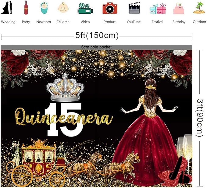 Red Dress Rose Flower Backdrops Quinceanera Birthday Backdrop for Girl Princess Happy 15th Bday Carriage Photography Props Cake Table Banner 5x3ft MBJLSLU33
