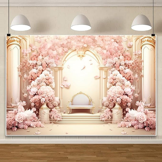 AOFOTO 5x3ft Wedding Backdrop Palace Hall Wall Spring Pink Flower Arch Background for Photography Bridal Shower Valentine's Day Prom Decoration Banner Girl Portrait Photo Booth Backdrop